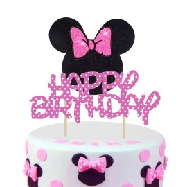 Mouse Cake Topper, Glitter Bow Mouse Happy Birthday Cake Toppers Cupcake Picks For Baby Shower Girl Birthday Party Cake Decorations Supplies