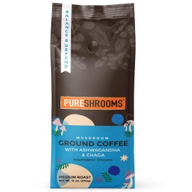Fresh Mushroom Ground Coffee - Organic Ashwagandha & Chaga - Stress Relief, Mood Enhancer - Herbal Coffee Substitute Alternative (Balance & Defend, 12 Oz)