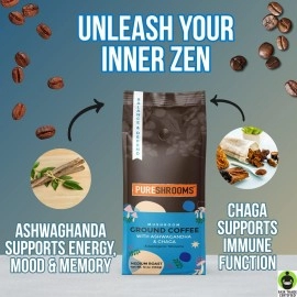 Fresh Mushroom Ground Coffee - Organic Ashwagandha & Chaga - Stress Relief, Mood Enhancer - Herbal Coffee Substitute Alternative (Balance & Defend, 12 Oz)