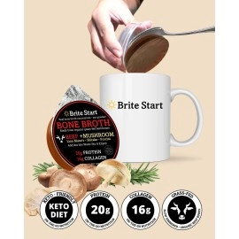 Brite Start Bone Broth - Beef + Mushrooms - Porcini, Shitake, Lions Mane - 4 Count - Keto Friendly Concentrate - 16g Collagen 20g Protein -Made from Organic Grass Fed Beef Bones- Single Serve Packets