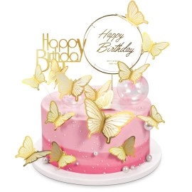 LANGPA 22-Pieces Butterfly Cake Decorations With Happy Birthday Acrylic Cake Toppers for Baby Shower Wedding Birthday Party Decor (Beige)