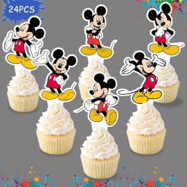 24Pcs Cartoon Mouse Birthday Cupcake Toppers, Mouse Cupcake Decoration For Boys Girls Party Birthday Party Supplies