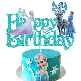 Yckens Frozen Birthday Cake Topper, Frozen Princess Happy Birthday Cake Decoration For Girls Boys Kids Baby Shower Winter Birthday Party Supplies