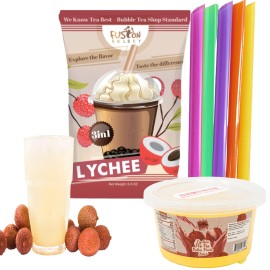 Fusion Select Ultimate Lychee Bubble Tea DIY Kit - 3-in-1 Bubble Tea Powder, Flavored Bursting Boba, Large Straw