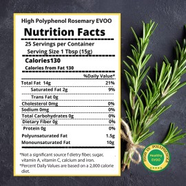M.G. PAPPAS Rosemary Olive Oil - High Polyphenol Rich Extra Virgin Unfiltered Rosemary Infused Olive Oil Cold Pressed Greek EVOO Award Winning Health Claim - Rosemary Oil For Cooking - 12.7 Oz 375ml