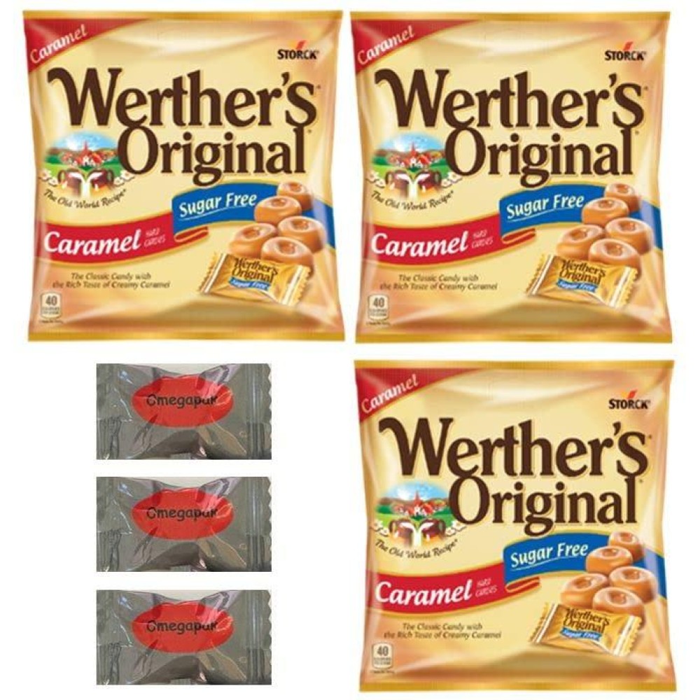 Werther's Original Sugar-Free Caramel Hard Candy Individually Wrapped with Omegapak Starlight Mints, Sugarless Fresh Keto Hard Candy, Bundle of 3 Bags, 1.46 Oz. Each