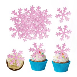 GEORLD 48pcs Wafer Pink Edible Snowflakes Cupcake & Cake Toppers Decoration for Winter Party