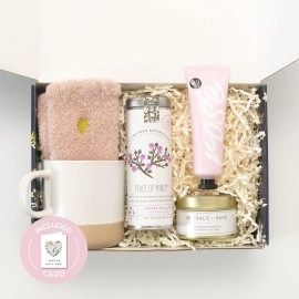 Unboxme Self Care Spa Gift Set - Perfect for Birthday, Get Well Soon, Sympathy, Holiday, Thank You & Thinking of You - Includes Peaceful Tea & Mug Care Package (Sending Warm Hugs Greeting Card)