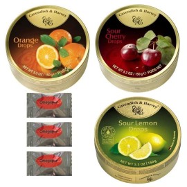 Cavendish And Harvey Candy 3 Flavor Variety Bundle Fruit Hard Candy Tin 53 Ounces Imported German Candy (Orange, Sour Cherry, Sour Lemon Drops) With Omegapak Starlight Mints