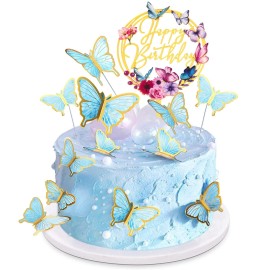 Set Of 31 Pack Blue Gold Cupcake Toppers Mixed Size&Colour 3D Butterfly Cake Picks Decorations For Girl Women Wedding Birthday Party Baby Shower Food Wall Decoration