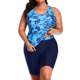 Daci Women Blue Tie Dye Plus Size Two Piece Bathing Suit Racerback Tummy Control Swimsuit With Boyshort 18 Plus