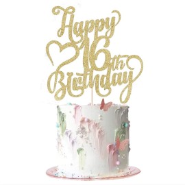 Arokippry Gold Glitter Happy 16Th Birthday Cake Topper - 16 Anniversary/Birthday - Hello 16, Cheers To 16 Years,16 & Fabulous Cake Topper Party Decoration (16Th)