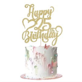Arokippry Gold Glitter Happy 25Th Birthday Cake Topper - 25 Anniversary/Birthday - Hello 25, Cheers To 25 Years,25 & Fabulous Cake Topper Party Decoration (25Th)