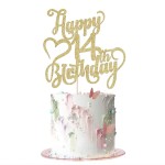 Arokippry Gold Glitter Happy 14Th Birthday Cake Topper - 14 Anniversary/Birthday - Hello 14, Cheers To 14 Years,14 & Fabulous Cake Topper Party Decoration (14Th)