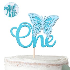 Rsstarxi 1 Pack Butterfly One Cake Topper Glitter Baby Shower Butterfly First Birthday Cake Pick Decorations For Butterfly Theme Baby Shower 1St Birthday Party Supplies Blue