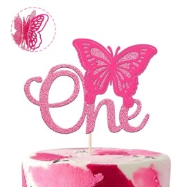 Rsstarxi 1 Pack Butterfly One Cake Topper Glitter Baby Shower Butterfly First Birthday Cake Pick Decorations For Butterfly Theme Baby Shower 1St Birthday Party Supplies Pink