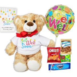 Kids Get Well Soon Care Package Gift  Teddy Bear Get Well Balloon Candy Snacks Gift Basket & Greeting Card Package For Kids Children Boy Girl Feel Better Soon For Home Or Hospital Bundle