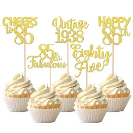 30Pcs Happy 85Th Birthday Cupcake Toppers Glitter Eighty Five 85 Fabulous Vintage 1938 Cupcake Picks Cheers To 85 Years For 85Th Birthday Anniversary Party Cake Decorations Supplies Gold