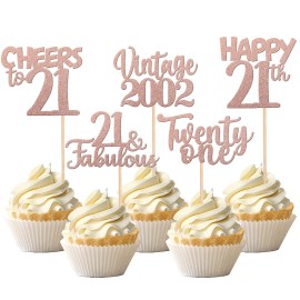 30Pcs Happy 21St Birthday Cupcake Toppers Glitter Twenty One 21 Fabulous Vintage 2002 Cupcake Picks Cheers To 21 Years For 21St Birthday Anniversary Party Cake Decorations Supplies Rose Gold