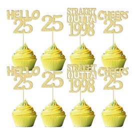Gyufise 24Pcs Happy 25Th Cupcake Toppers Glitter Twenty-Five Straight Outta 1998 Cupcake Picks Cheers To 25 Years Birthday Cake Decorations For Happy 25Th Birthday Anniversary Party Supplies Gold