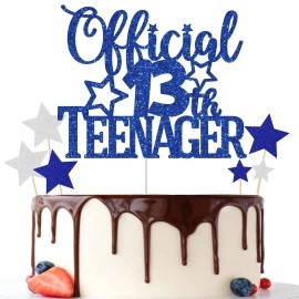 Gidobo Official Teenager 13 Cake Toppers, Blue Glittery Cake Decorations With Stars, Thirteen Years Old Birthday Party Supplies For Boys And Girls