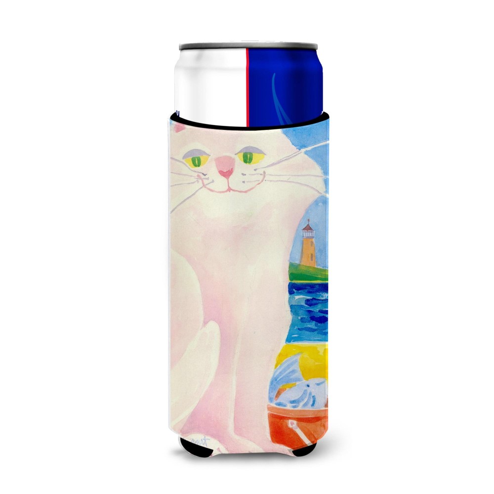 Big White Cat At The Beach Ultra Beverage Insulators For Slim Cans 6018Muk