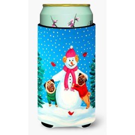 Snowman With Pug Winter Snowman Tall Boy Beverage Insulator Beverage Insulator Hugger