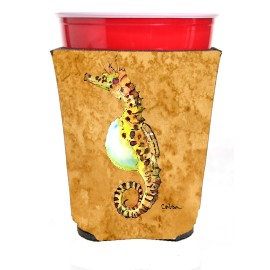 Seahorse Male On Gold Red Solo Cup Beverage Insulator Hugger