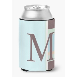 Letter M Initial Monogram - Blue Stripes Can Or Bottle Beverage Insulator Hugger