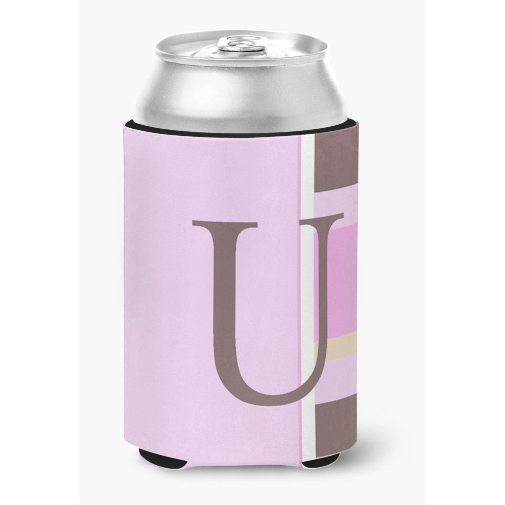 Letter U Initial Monogram - Pink Stripes Can Or Bottle Beverage Insulator Hugger