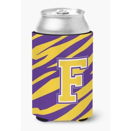 Monogram - Tiger Stripe - Purple Gold Can Or Bottle Beverage Insulator Initial F