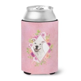Caroline'S Treasures White Pit Bull Terrier Pink Flowers Can Or Bottle Hugger Cold-Beverage-Koozies, 12 Oz, Multicolor