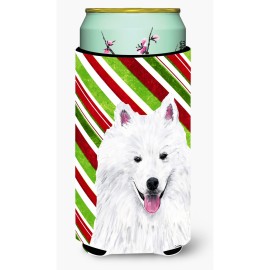 American Eskimo Candy Cane Holiday Christmas Tall Boy Beverage Insulator Beverage Insulator Hugger