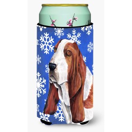Basset Hound Winter Snowflakes Holiday Tall Boy Beverage Insulator Beverage Insulator Hugger