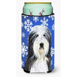 Bearded Collie Winter Snowflakes Holiday Tall Boy Beverage Insulator Beverage Insulator Hugger