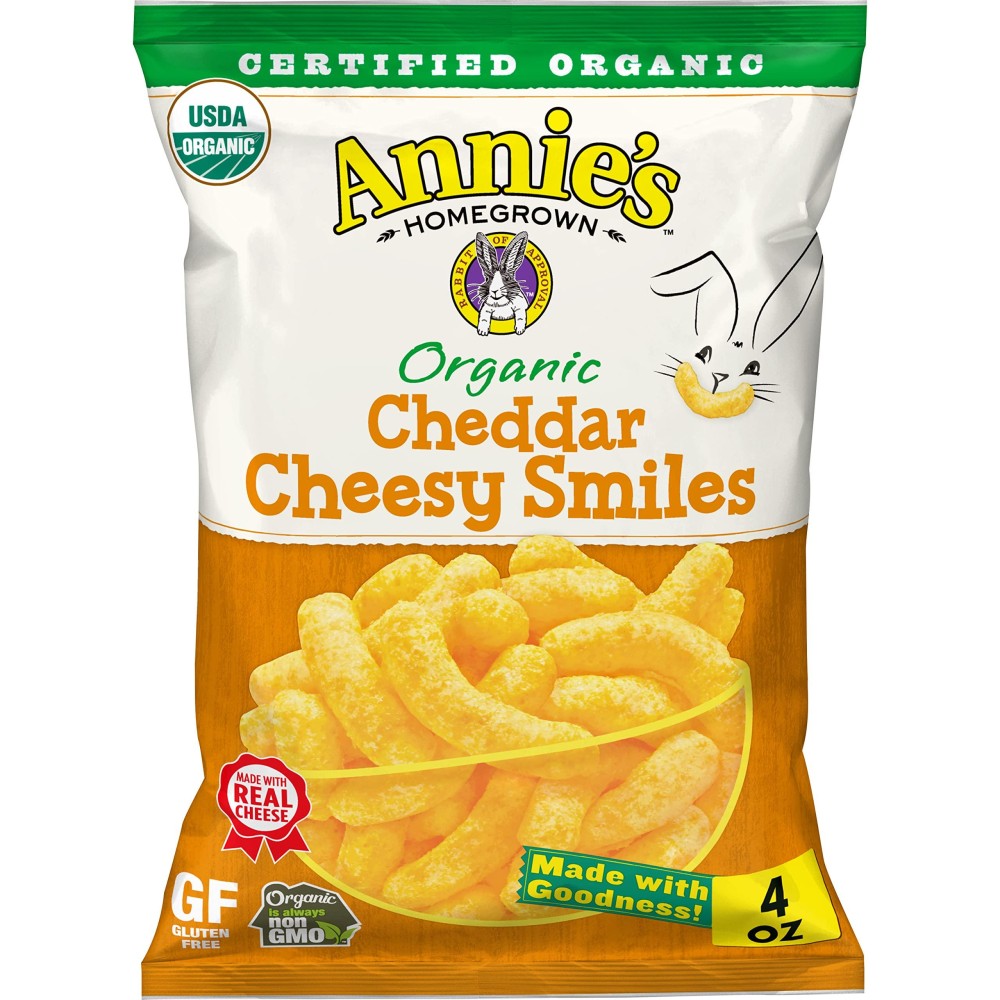 Annies Organic cheddar cheesy Smiles Baked corn Puffs 4 oz. (Pack of 12)
