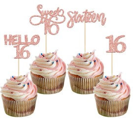 Gyufise 24 Pack 16th Birthday Cupcake Toppers Sweet 16 Cake Toppers Hello 16 Sixteen Cupcake Picks for 16th Birthday Cake Decorations Supplies Rose Gold