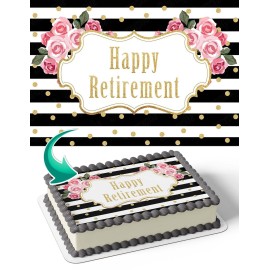CAKECERY Happy Retirement Rose Flowers Gold Edible Cake Image Topper Birthday Cake Banner 1/4 Sheet