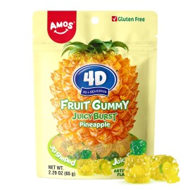 AMOS 4D Gummy Fruit Filled Candy, Snacks Juicy Burst, Juice Gummies Contain Real Pineapple Juice, Tropical Candy Shaped Sour Center 2.29Oz Per Bag (12 Bags)