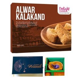 Delight Foods Alwar Kalakand (Milk Cake) 250g | Diwali Greeting Card | Decorative Fancy Diya | Authentic & Fresh | Indian Sweets (Mithai) | Festive Gift Pack (Diwali)