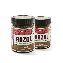 Aazol Kolhapuri Green Chilli Chutney - 200g (Pack of 2) | Made with Fresh Green Chilli, Coriander and Garlic | Hand-pounded in a Mortar Pestle | Tangy and Medium Spicy.