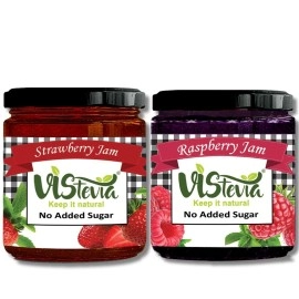 Vistevia Sugar Free Raspberry & Strawberry Jam, Diabetic and Keto Friendly - Sweetened Naturally with Stevia, More Than 60% Whole Berry Content - Tastes Delicious - Pack of 2 (220*2 GM)