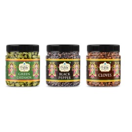 LILA DRY FRUITS Highly Aromatic Whole Green Cardamom, Black Pepper & Cloves Combo 200g each (600gms total) Jar Pack | Sabut Hari Ilaichi, Kali Mirch & Laung Combo | Export Quality | Grown In India