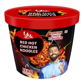 Yu - Red Hot Chicken Noodles - 2X Spicy - Korean Chilli Flavour - No Preservatives - Instant Food with Chicken Pieces - 100% Natural Cup Noodles - Ready to Eat Instant Noodles - 85g