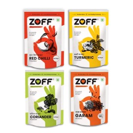 Zoff Essential Kitchen Spices - Garam masala, Red Chilli, Turmeric & Coriander - Pack of 4 | 100g Each | Premium Zip Lock Pouch | Net weight - 400g