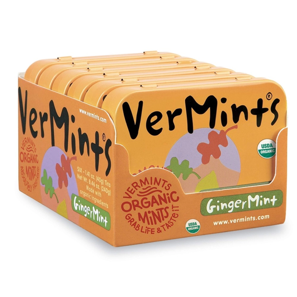 Organic Breath Mints by VerMints, GingerMint Flavor, All Natural, Non-GMO, Nut Free, Gluten Free, Vegan, KSA Kosher, Pack of 6, 1.41oz Tins