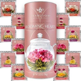 Teabloom Heart-Shaped Flowering Teas - 12 Assorted Blooming Tea Flowers - Green Tea + Jasmine  Pomegranate  Strawberry  Rose  Litchi & Peach - Gift For Tea Lovers  Anniversary  Valentine  Birthday