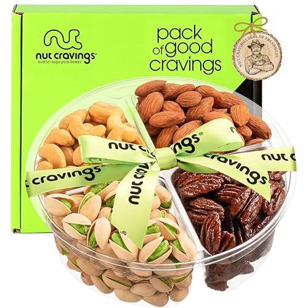 Nut Cravings Gourmet Collection - Rosh Hashana & Shana Tova Mixed Nuts Gift Basket + Green Ribbon (4 Assortments) Arrangement Platter  Birthday Care Package - Healthy Kosher Usa Made