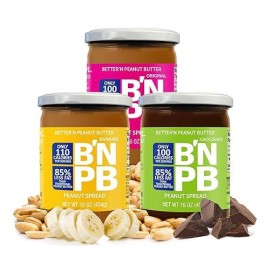 Low Fat Peanut Butter Spread Variety Pack By Bettern Peanut Butter  Gluten Free  Dairy Free  And Low Calorie Spread  Original  Banana  And Chocolate Flavor  Pack Of 3  16 Oz. Glass Jars