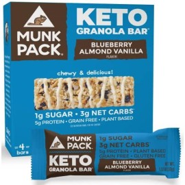 Granola Bar Blueberry Almond Vanilla Munk Pack Low Carb Keto & Plant Based Snacks Non-GMO Low Sugar, Erythritol Free Snack and Breakfast Bars 4 Bars